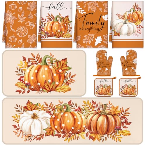 10 Pcs Fall Kitchen Decor Pumpkin Kitchen Accessories Sets (Orange,off-white / Maple Leaves)
