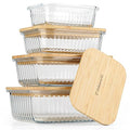 Ribbed Glass 4 Stackable Meal Prep Containers with Bamboo Lids (Light Beige)
