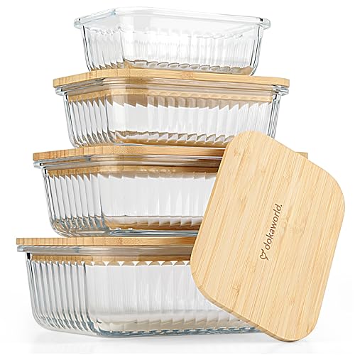 Ribbed Glass 4 Stackable Meal Prep Containers with Bamboo Lids (Light Beige)