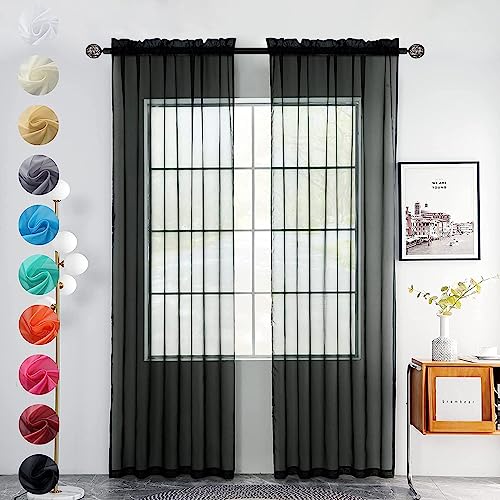 Solid Sheer Rod Pocket Curtain Voile Draperies 2 Panels White Beige Black Grey Coffee 38 Inch Width 84 Inch Long 1 Pair for Kitchen Bedroom Children Living Room Yard (Black / 38"W x 84"L (Pack of 2))