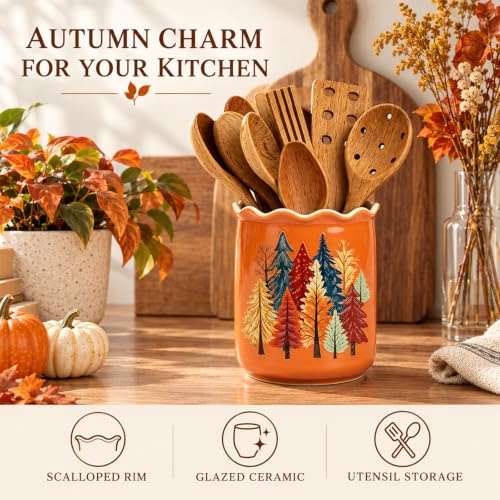 Fall Pine Tree Ceramic Utensil Holder Orange Autumn Chopstick Crock