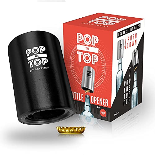 Pop-the-Top Beer Bottle Opener (Black): Automatic Bottle Cap Opener, Push Down Pop Off Bar Tool, Soda and Beer Cap Remover, Cool & Fun Gadget (Matte Black)