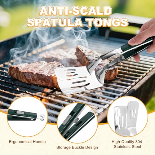 Spatula Tongs (Green Handle, Silver Tone)