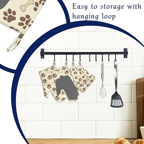 Dog Bone Paw Print Pot Holders and Oven Mitts Set Silicone Cute Animal Paws Kitchen Gloves Potholders Heat Resistant Washable (Dog Bone Paw Print,cute Animal Paws)