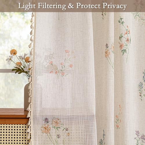 Floral Boho Farmhouse Curtains 84 Inches Long Linen Blend Spring Light Filtering Living (Flower / 50"W x 84"L (Pack of 2))