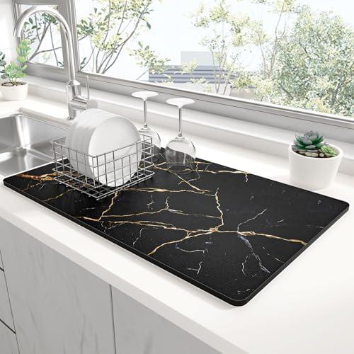 Dish Drying Mat for Kitchen Counter (Black Gold Marble / 15" x 24")