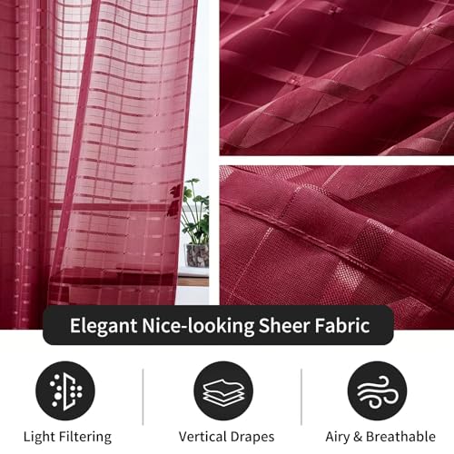 Check Sheer Curtains 45 Inches Long for Living Room (Check - Burgundy / 52"W x 45"L (Pack of 2))