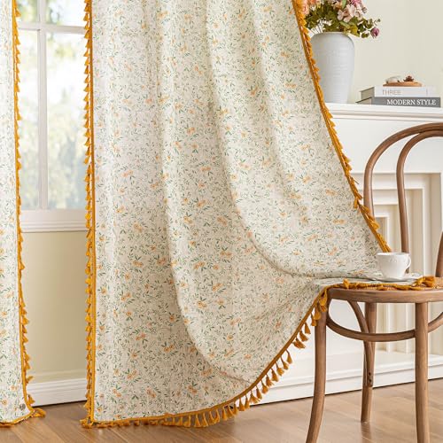 Floral Boho Linen Curtains 63 Inch Long 2 Panels Set with Yellow Tassels Farmhouse Semi Sheer Bohemian Living Room Bedroom Window Curtains Rustic Country Back Tab (Yellow and Green / 50"W x 63"L (Pack of 2))