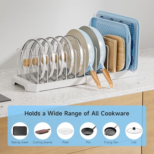 Pots and Pans Organizer under Cabinet (White / 12 Adjustable Dividers)