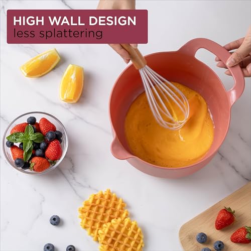 Nesting Plastic Mixing Bowl Set with Pour Spouts and Handles (Rose / 6 Piece Non-Slip)
