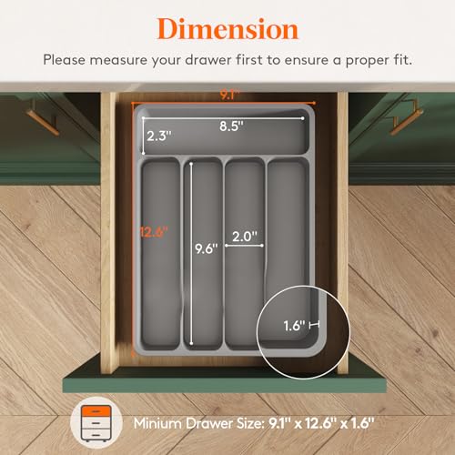 Silverware Drawer Organizer Tray (Gray / 9.1 x 12.6 inch (5 Slots))