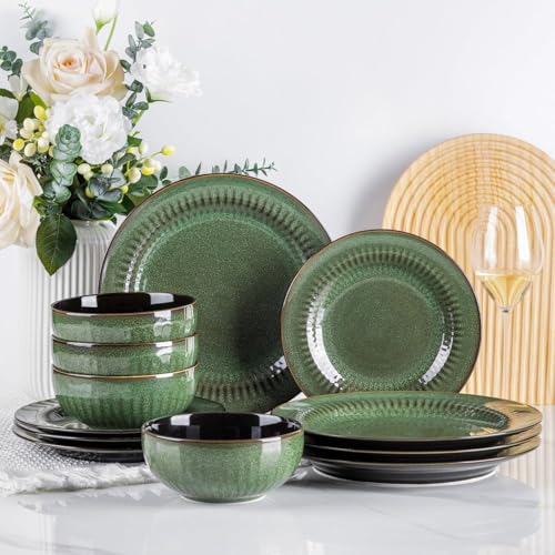Ceramic Dinnerware Sets for 4 (Modern -Emboss Green / Service for 4 (12 Pcs))