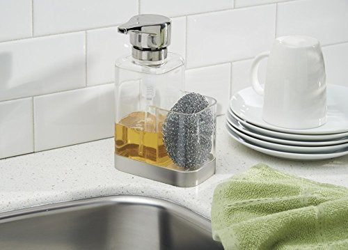 Modern Plastic Kitchen Sink Countertop Liquid Hand Soap Dispenser Pump Bottle Caddy with Storage Compartment (Clear/Brushed)