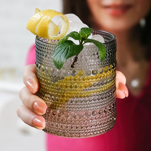 Hobnail Beaded Drinking Glasses Vintage Glassware Set (Beaded 10 oz. / Smoke Grey)