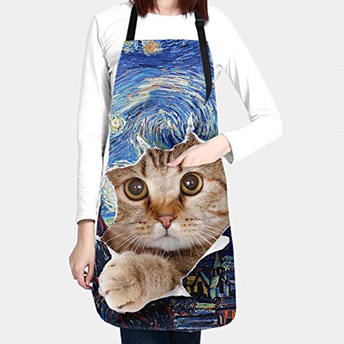 Cute Cat Apron with Adjustable Neck (33" x 28"(Pack of 1) / Art Sky Cat)