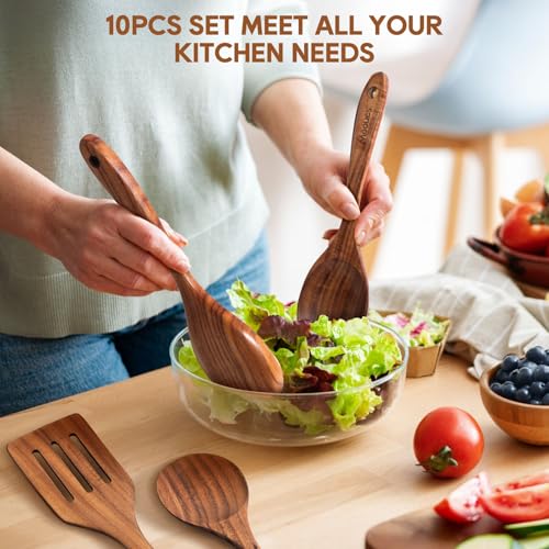 Wooden Spoons for Cooking 10PCS Teak Wood Cookware Utensil Set (10 PCS SET)