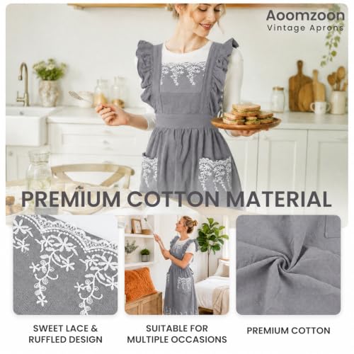 Aoomzoom Vintage Aprons for Woman with Pockets Cute Lace Ruffle Adjustable Apron for Cooking Kitchen Baking Gardening (Sky Grey)