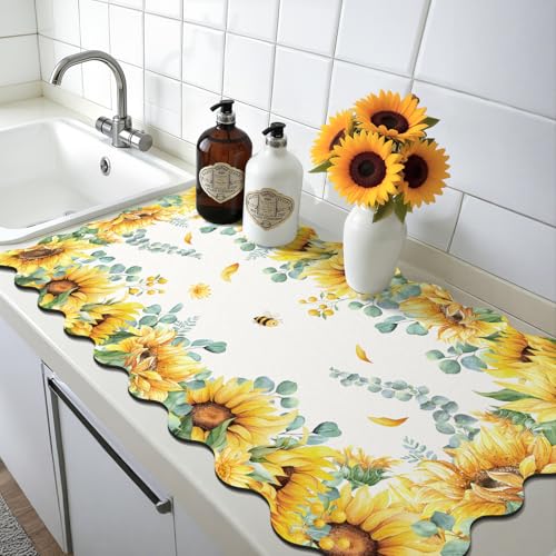 Scalloped Floral Dish Drying Mat (Sunflower / 17" x 32")