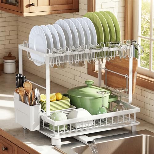 2 Tier Dish Drying Rack for Kitchen Counter (White)