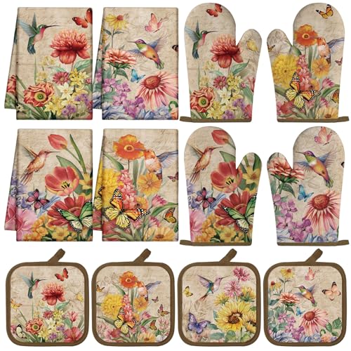 12 Pcs Summer Hummingbird Kitchen Accessories Set (Retro Flowers)