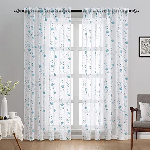 White and Blue Embroidered Floral Sheer Curtains 96 Inches Long 2 Panels Flower Pattern Semi Sheer Window Curtains for Bedroom Living Room (52"W x 96"L (Pack of 2) / White & Blue)