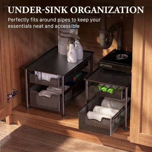 Stackable 2 Tier Sliding Basket Organizer Drawer (2-Tier / Bronze)