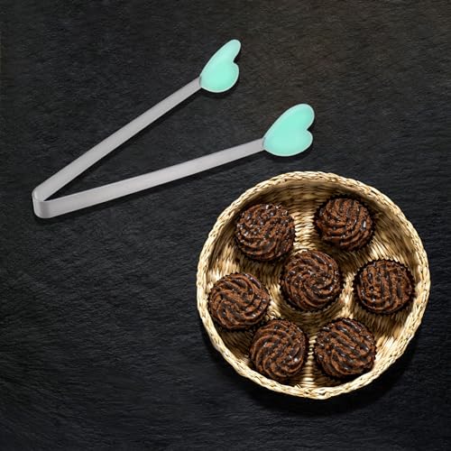 Mini Food Tongs 5.3" Heart Shape Stainless Steel with Silicon Tips Small Cooking Tongs Kitchen Food Tongs Serving Tongs for Cooking Grilling BBQ Barbecue Kitchen (LightGreen)