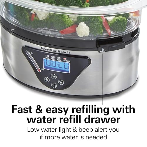 Digital Electric Food Steamer & Rice Cooker for Quick (Black & Stainless Steel / Stackable Two-Tier Bowls, 5.5 Quart)