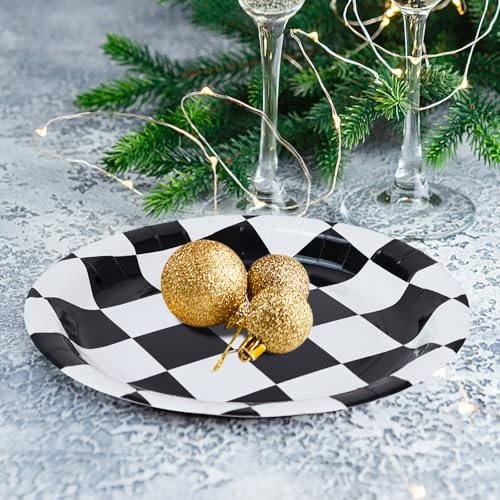 50 Pcs Checkered Paper Plates 7 Inch Black and White Checkered Dessert Plates Disposable Dinner Plates for Racing Theme Party Birthday Baby Shower Decoration Race Car Paper Plates (black and white checkered plates / 50 Pcs)