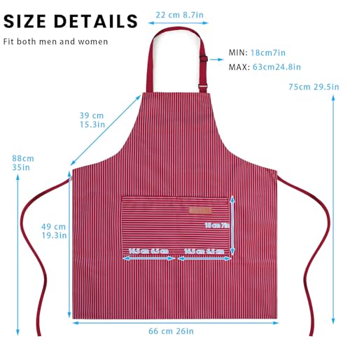 2 Pack Adjustable Bib Apron with 2 Pockets Chef Cooking Kitchen Restaurant Aprons for Women Men (Wine Pinstripes)
