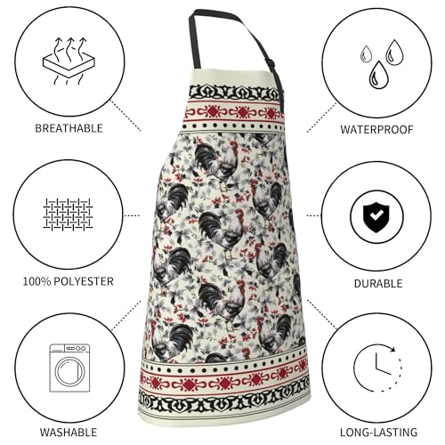Farm Rooster Aprons for Women (33" x 28"(Pack of 1) / Farm Rooster White)