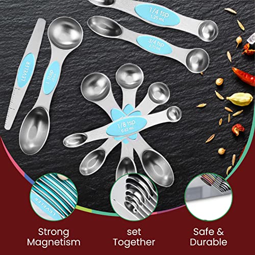 Magnetic Measuring Spoons Set of 9 Stainless Steel Dual (Blue (Aqua Sky))