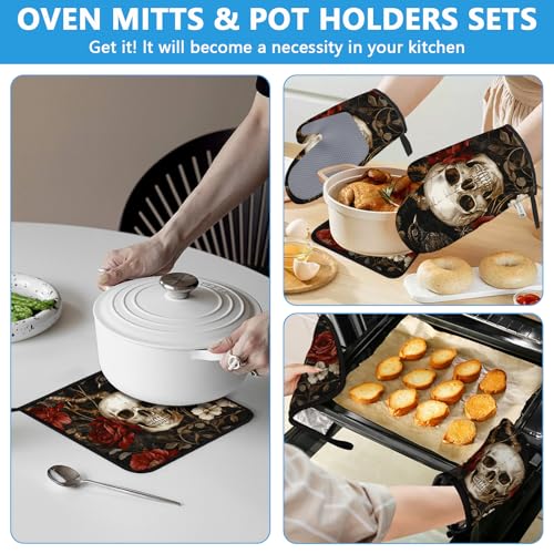 Halloween Skull Rose Crow Oven Mitts and Pot Holders Sets Heat Resistant 4Pcs Potholders Oven Gloves Hot Pads for Kitchen Baking Cooking Grilling BBQ (Skull Rose Crow)