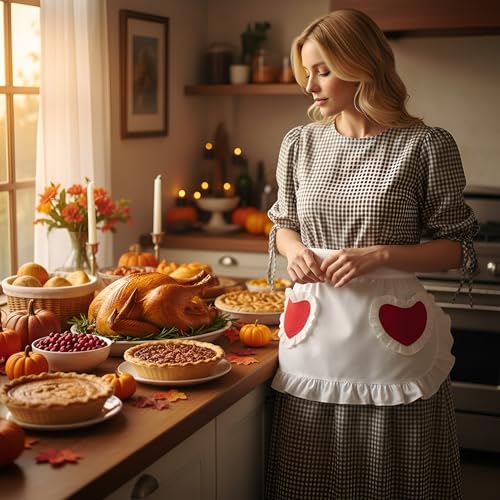 Waist Apron Kitchen Cooking Restaurant Cotton Bistro Half Aprons with Pockets For Girl Woman (White With Red Hearts)