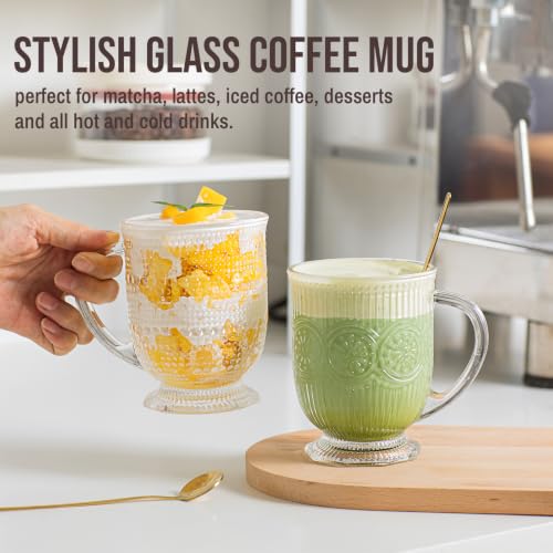 16oz Glass Coffee Mugs with Handle and Spoon Set of 6 Vintage Mug (Hobnail+Floral)