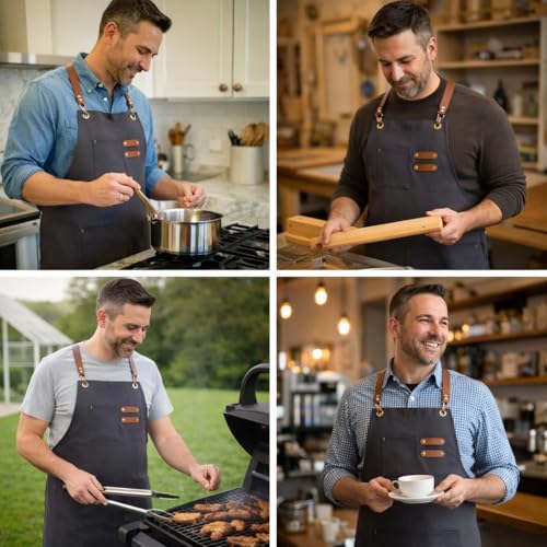 Chef Aprons for Men Canvas Apron with Large Pockets and Adjustable Neck Strap for Cooking (Grey)