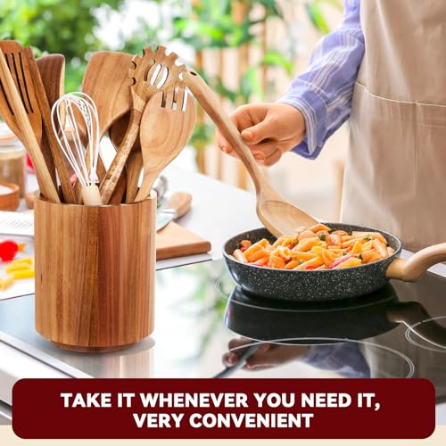 11 Pcs Acacia Wood Kitchen Utensil Set with 360° Rotating Holder (Natural / Straight)