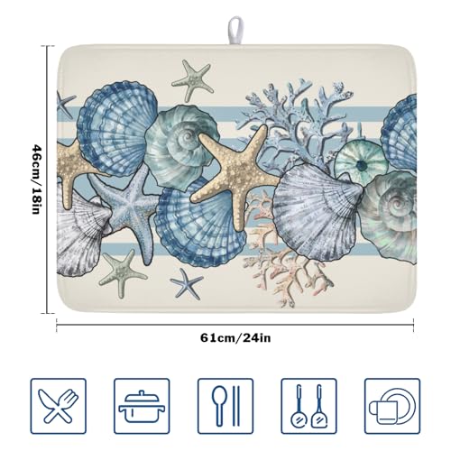 Nautical Coastal Dish Drying Mat for Kitchen Counter Summer Beach Seashell Starfish Microfiber Dish Drainer Mat Ocean Blue Pattern Absorbent Washable Drying Pad Extra Large 18"x24" (Summer Seashell / 24" x 18")