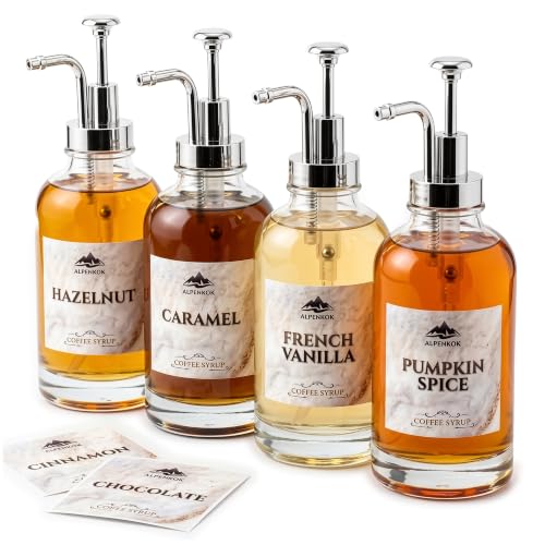 Set of 4 Glass Syrup Bottles with Pump for Coffee Bar (Silver)