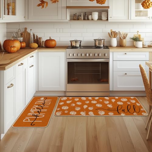 Orange Hello Pumpkin Fall Kitchen Mats Set of 2 (17" x 29" /17" x 47" / Orange)