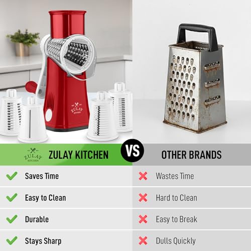 Rotary Cheese Grater Manual Hand Crank 5 Blade Shredder (5 Blades / White and Red)