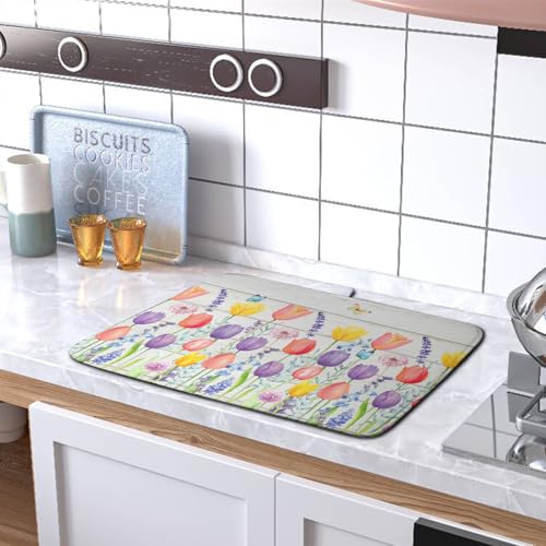 Tulip Floral Dish Drying Mat for Kitchen Counter Watercolor Spring Flower Dish Mat Absorbent Microfiber Dish Draining Mat Reversible Heat Resistant Dishes Pad Large 16 x 18 Inch (Spring Tulip Colorful / 16" x 18")