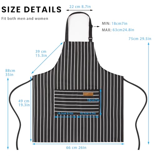 Adjustable Bib Apron with 2 Pockets Chef Cooking Kitchen Restaurant Aprons for Women Men (Black Stripes)