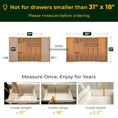 Carbonized Large Bamboo Kitchen Drawer Organizer (12 Slots（Large & Expandable）)