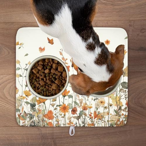 Fall Floral Dish Drying Mat for Kitchen Counter Orange Rustic Vintage Wildflower Pattern Microfiber Dish Drainer Mat Autumn Absorbent Washable Drying Pad Extra Large 16"x18" (Fall Floral / 18" x 16")