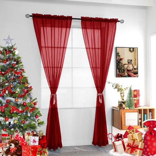 Solid Sheer Rod Pocket Curtain Voile Draperies 4 Panels White Beige Black Grey Ivory 52 Inch Width 72 Inch Long 1 Pair for Kitchen Bedroom Children Living Room Yard (Christmas Red / 52"W x 72"L (Pack of 4))
