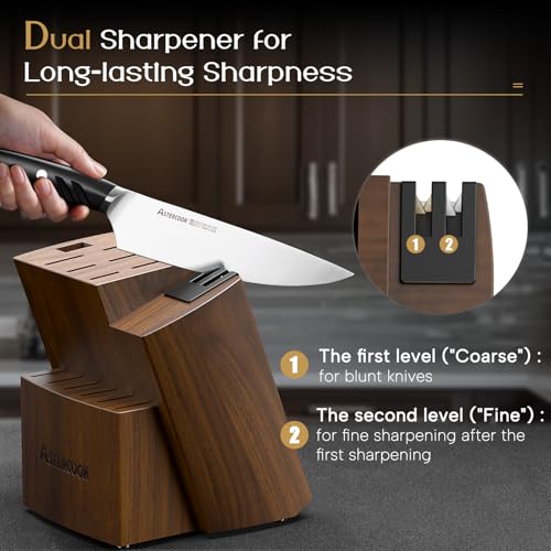 Knife Set Kitchen Knives Set with Block and Dual Sharpener Full Tang 15 Pcs German Stainless Steel Sharp Blade Dishwasher Safe with Ergonomic Handle (Premium Black Pro（Ultra Sharp）with Dual Sharpener)
