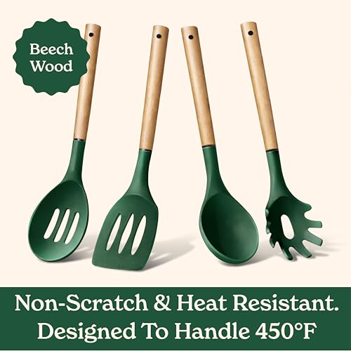 Non Stick Silicone Utensil Set with Rounded Wood Handles for Cooking and Baking (8 Piece Set / Green)
