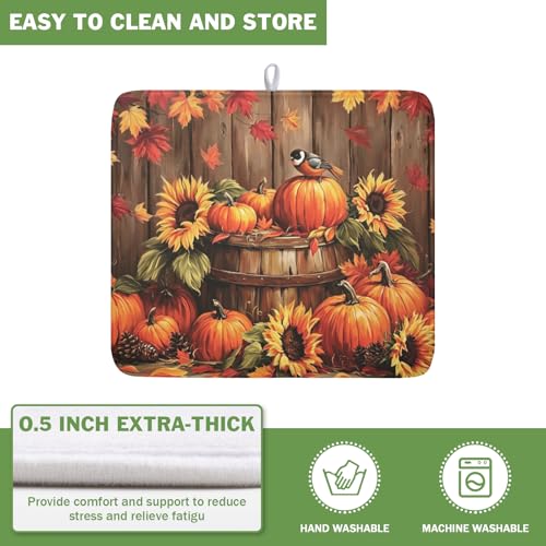 Fall Pumpkin Dish Drying Mat for Kitchen Counter Thanksgiving Autumn Harvest Pumpkin Microfiber Dish Drainer Mat Rustic Farmhouse Absorbent Washable Drying Pad 16"x18" (Fall Pumpkin / 18" x 16")