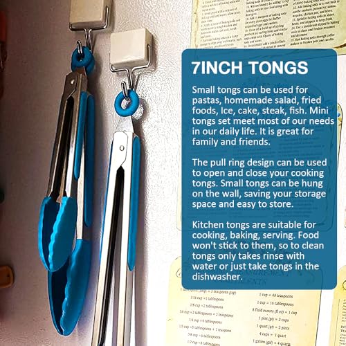 7 Inch Mini Serving Tongs with Silicone Tips Set of 3 (Blue / 7inch)